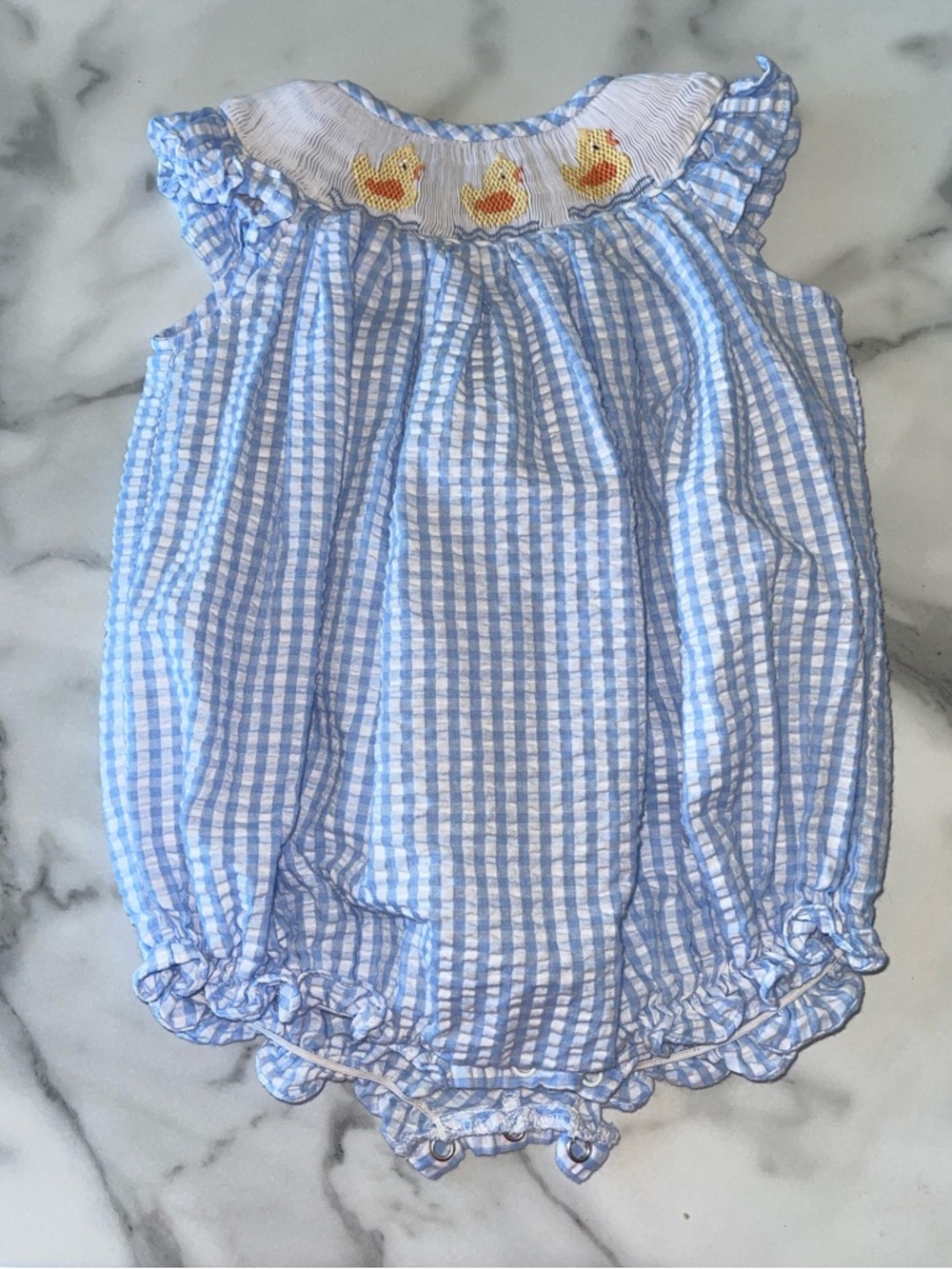 Smocked Duck Blue Gingham Baby One-Piece Romper